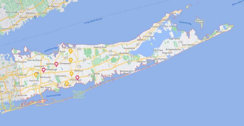 Map of Suffolk County, Long Island NY showing the towns Pay Much-Le$$ Cesspool serves